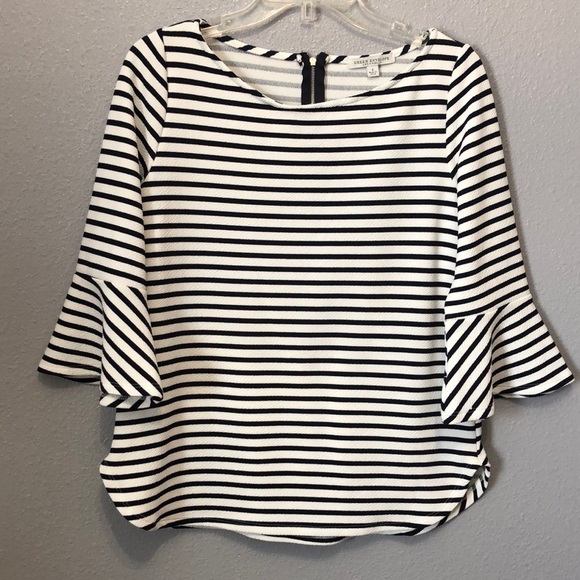 Anthro Green Envelope striped bell sleeve top Women's L zip back shirt blouse - Picture 9 of 9